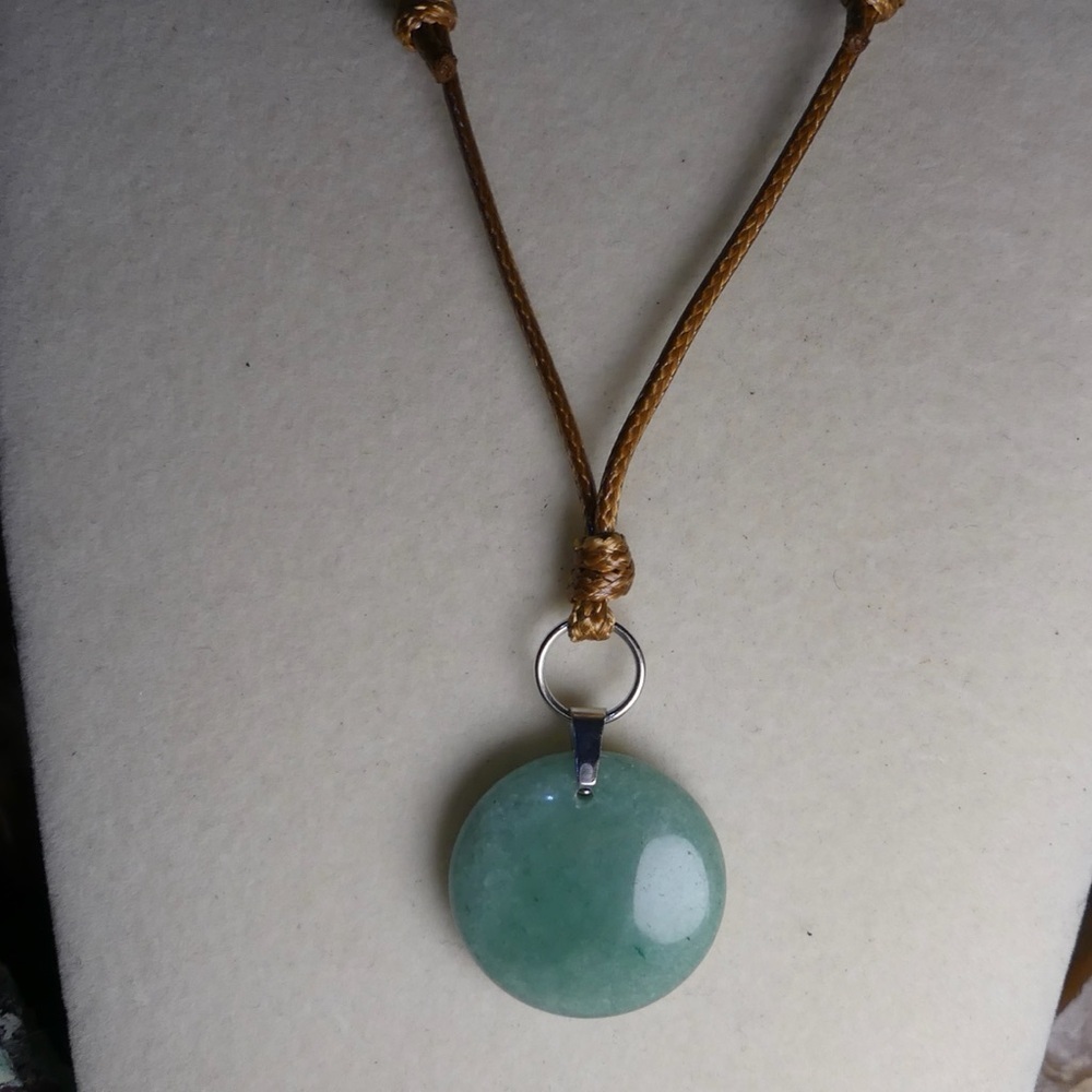 Round Green Aventurine Pendant on Brown Adjustable Rope